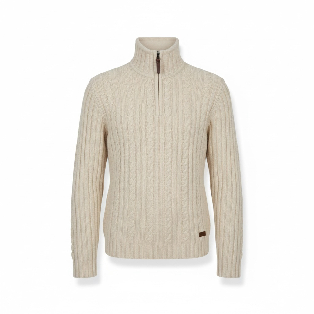 Contemporaine Beige Wool Cable Knit Quarter Zip Sweater Large